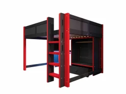 Outlet Cama altillo 140x200cm - con iluminación LED - con escritorio - con escalera y armario - con 1 cajón - negro + rojo​ (colchón no incluido) Cama Alta