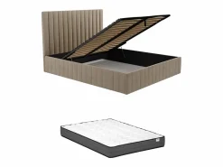 Discount Cama arcón de 160 x 200 cm con cabecero con costuras verticales terciopelo gris + colchón - LARALI Cama Terciopelo