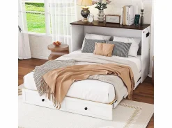 Clearance KOMHTOM Cama armario 140 x 200, con cajones al final de la cama y estantes en la cabecera, con USB y enchufes, Blanco
