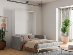 New Vente-unique Cama armario batiente con sofá 140 x 200 cm blanco y gris + colchón - VACIALA II Gris / Blanco
