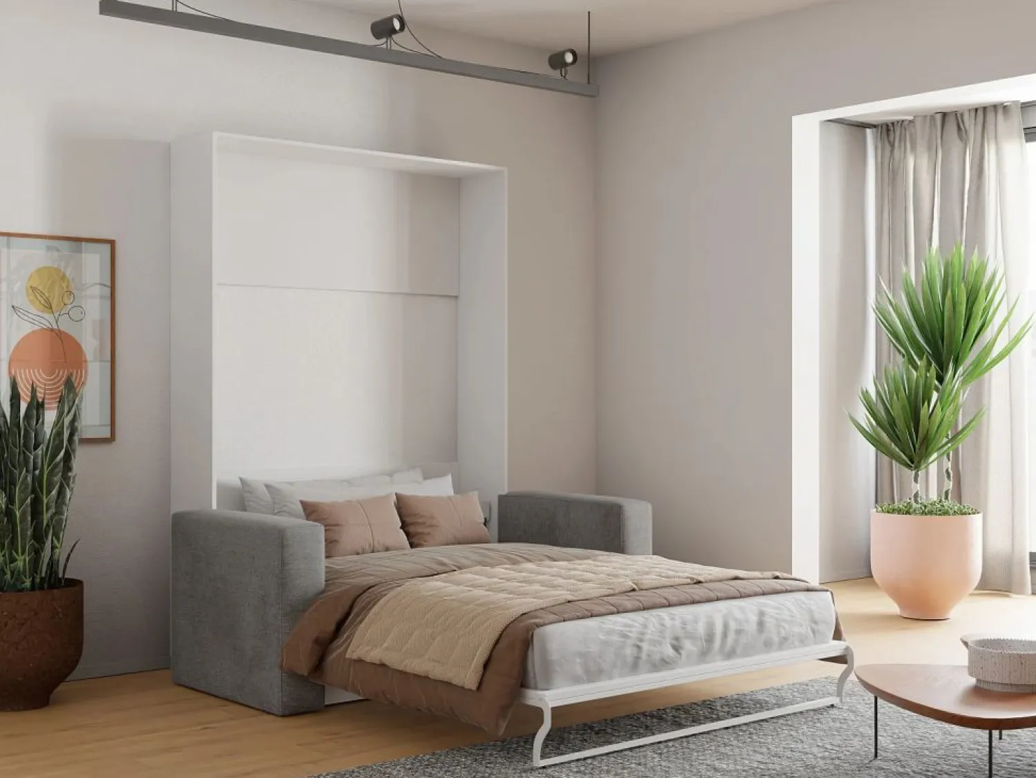 New Vente-unique Cama armario batiente con sofá 140 x 200 cm blanco y gris + colchón - VACIALA II Gris / Blanco