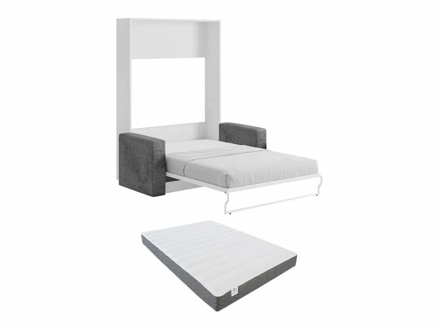 New Vente-unique Cama armario batiente con sofá 140 x 200 cm blanco y gris + colchón - VACIALA II Gris / Blanco