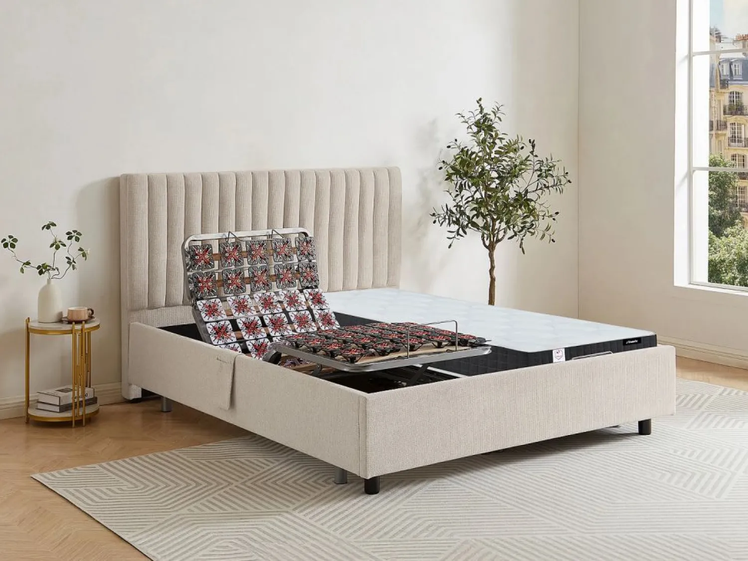 Outlet Ysmée Cama articulada eléctrica somier colchón de muelles 5 zonas 2 x 80 x 200 cm ANTALISA Beige