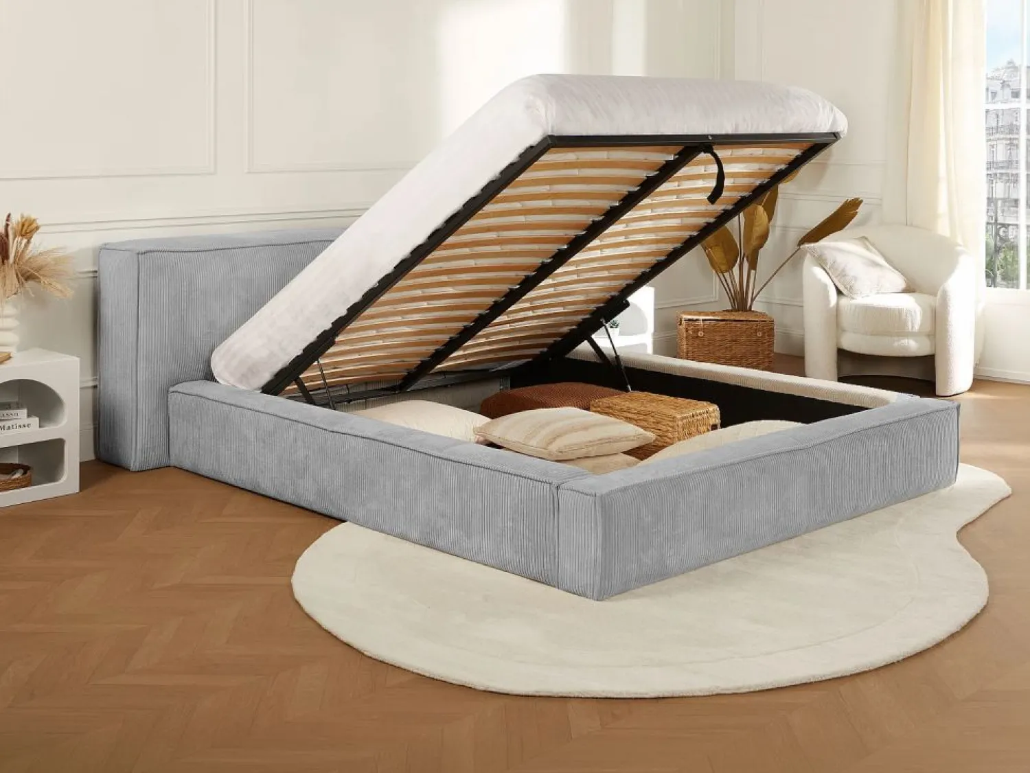 Hot Vente-unique Cama baúl 200 x 200 cm en terciopelo acanalado - TIMANO Gris claro