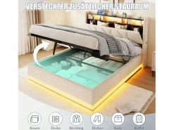 Best Merax Cama basculante hidráulica - 160 x 200 cm - con LED + bolsillos laterales + USB/Tipo C + cabecero con almacenaje - terciopelo - Beige