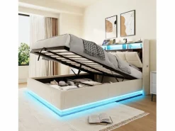 Best Merax Cama basculante hidráulica - 160 x 200 cm - con LED + bolsillos laterales + USB/Tipo C + cabecero con almacenaje - terciopelo - Beige