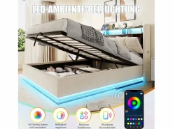 Best Merax Cama basculante hidráulica - 160 x 200 cm - con LED + bolsillos laterales + USB/Tipo C + cabecero con almacenaje - terciopelo - Beige