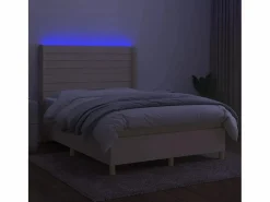 Clicnbuy Cama box spring colchón y luces LED tela crema 140x190 cm
