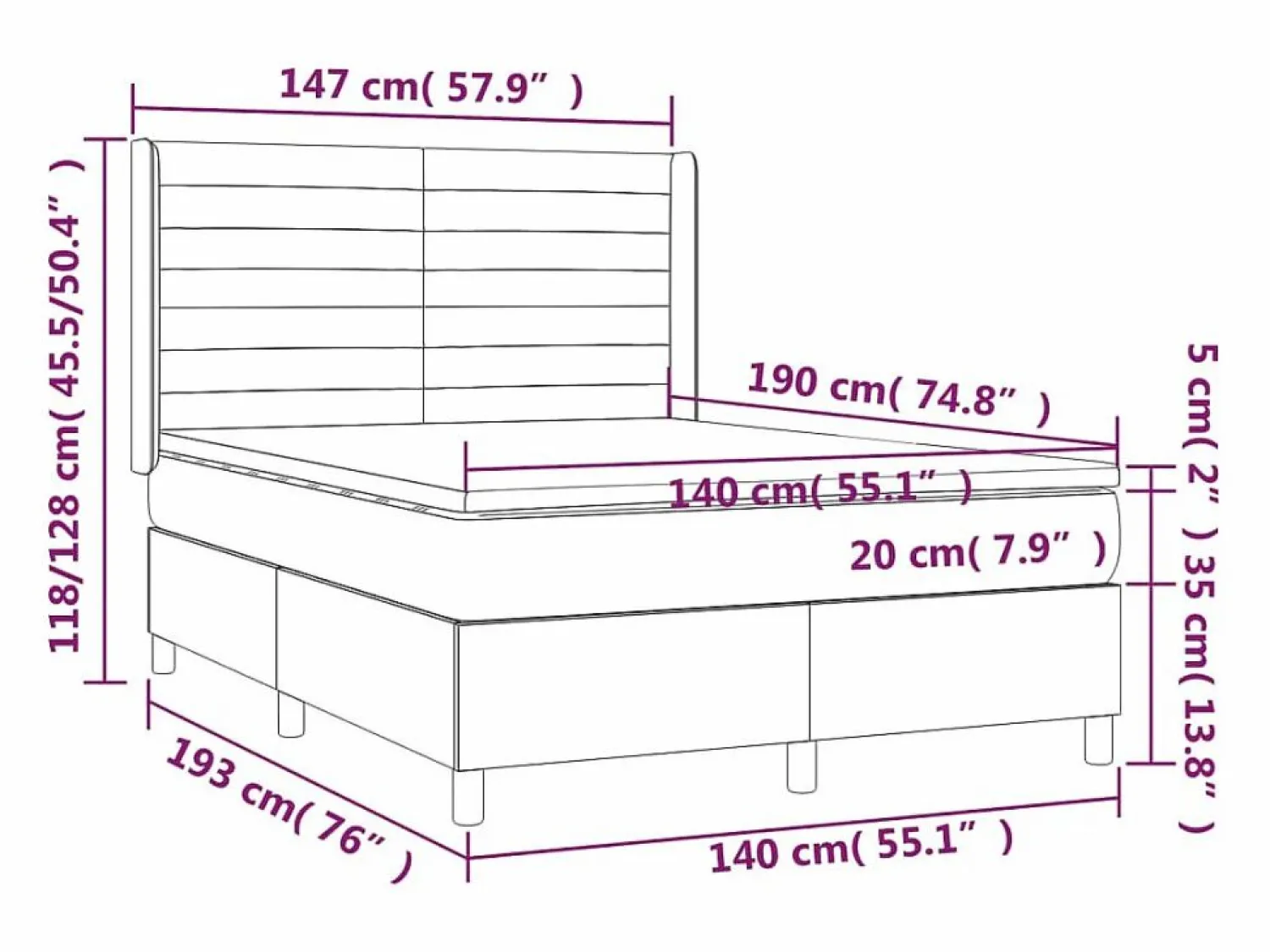 Clicnbuy Cama box spring colchón y luces LED tela crema 140x190 cm