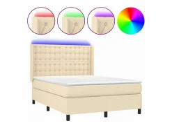 Clicnbuy Cama box spring colchón y luces LED tela crema 140x190 cm