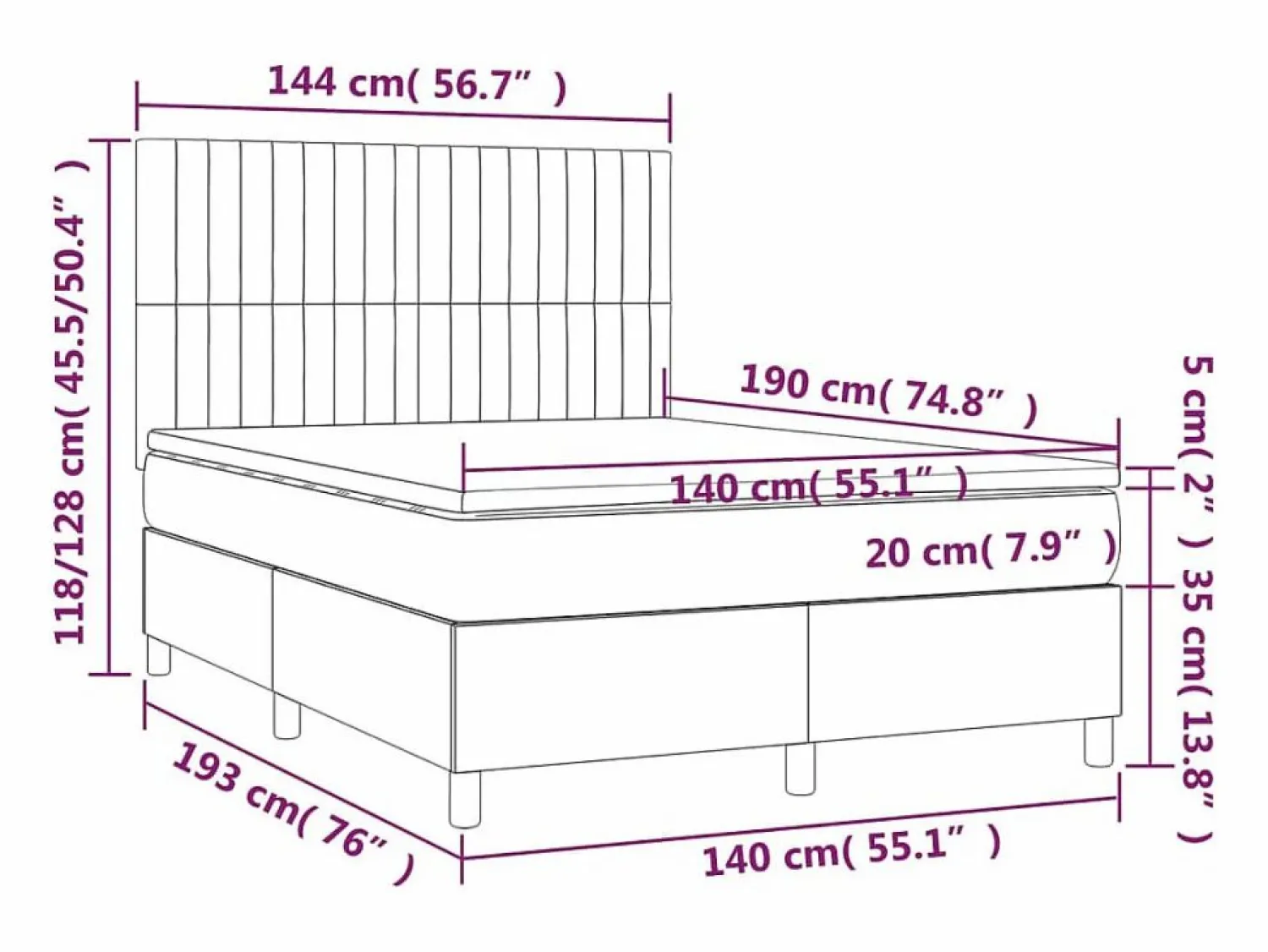 Best Cama box spring colchón y luces LED tela crema 140x190 cm Somier - 140X190Cm