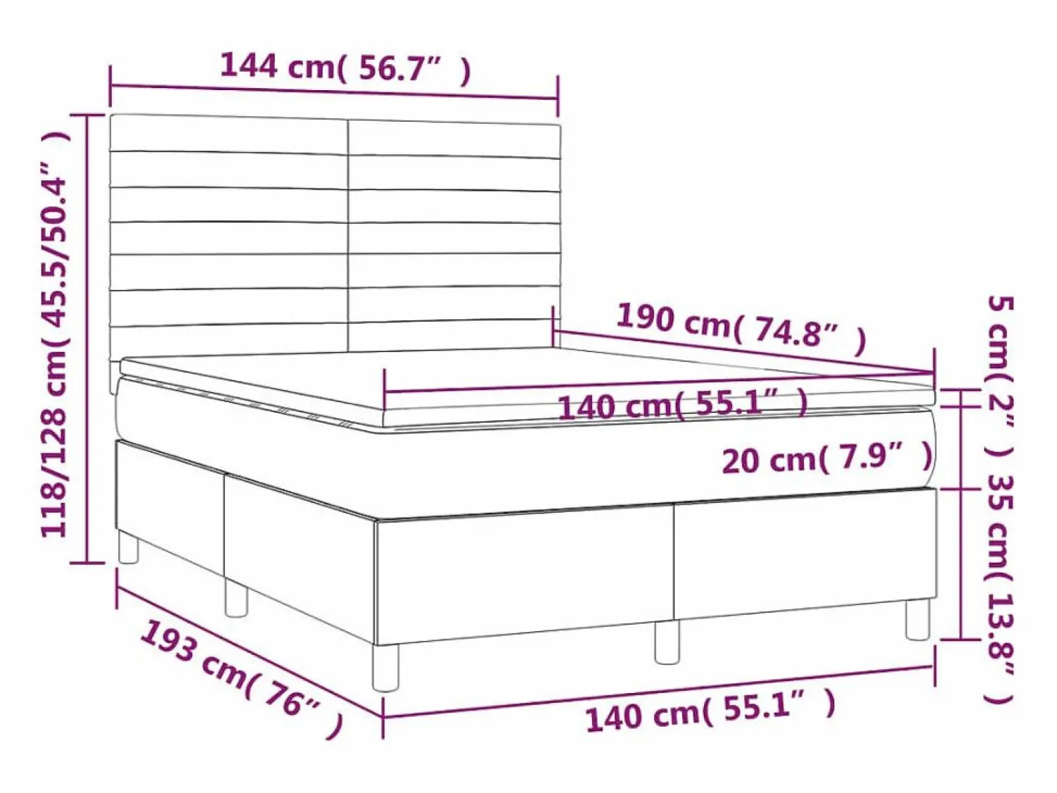 Clicnbuy Cama box spring colchón y luces LED tela gris claro 140x190 cm
