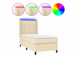 Clicnbuy Cama box spring colchón y luces LED tela color crema 90x190 cm