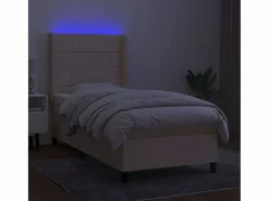 Clicnbuy Cama box spring colchón y luces LED tela color crema 90x190 cm