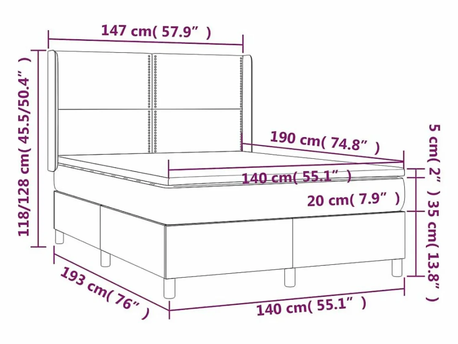 New Cama box spring colchón y luces LED tela gris claro 140x190 cm Somier - 140X190Cm