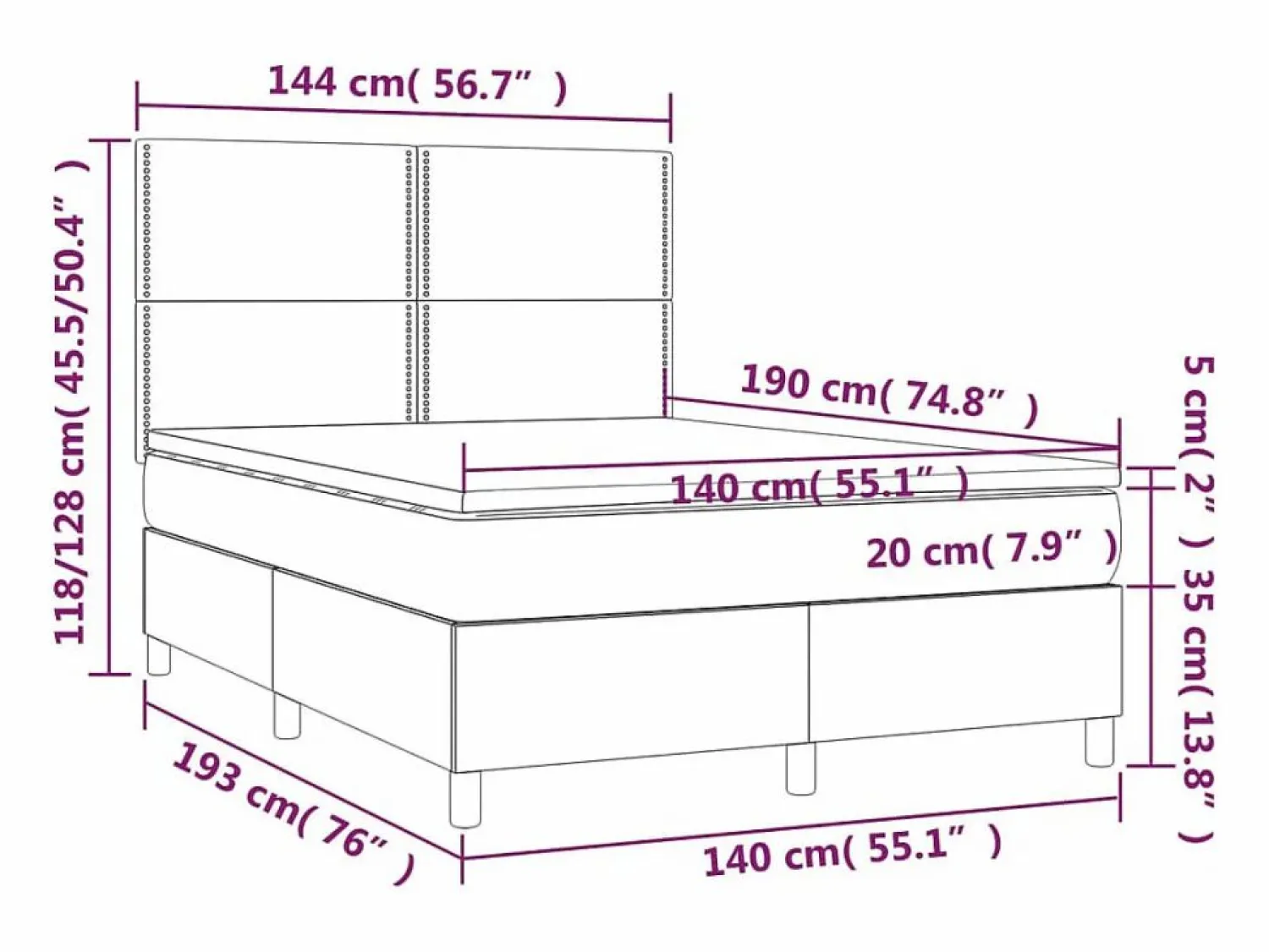 Cama box spring colchón y luces LED tela negro 140x190 cm Somier - 140X190Cm