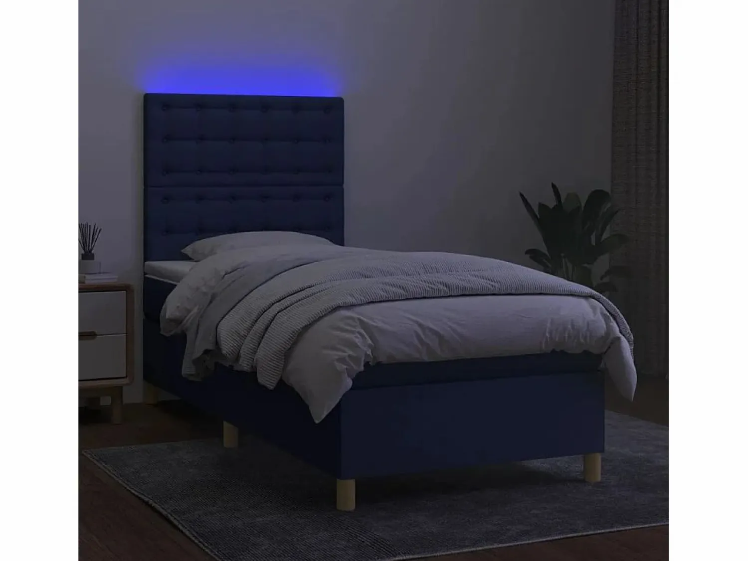 Online Cama box spring colchón y luces LED tela azul 90x190 cm Somier Tapizado|Somier - 90X190Cm