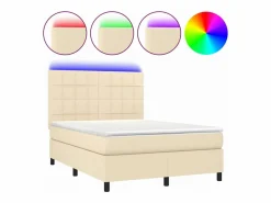 Clicnbuy Cama box spring colchón y luces LED tela crema 140x190 cm