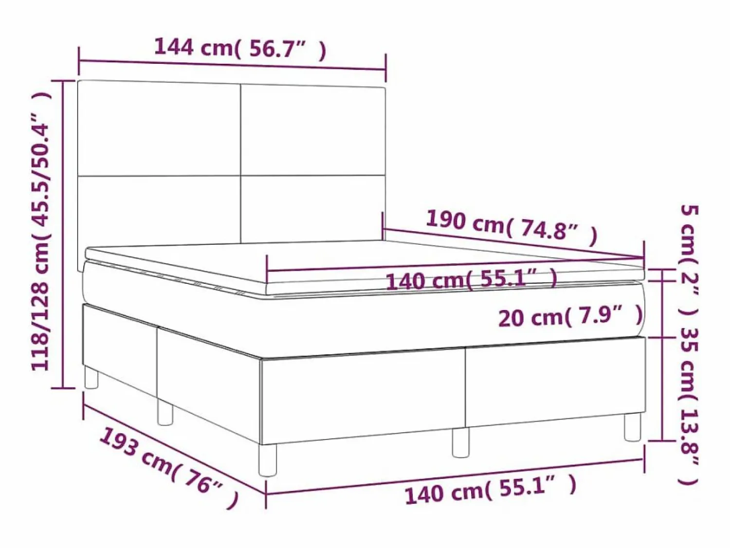 Clicnbuy Cama box spring colchón y luces LED tela negro 140x190 cm