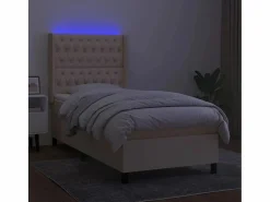 Clicnbuy Cama box spring colchón y luces LED tela color crema 90x190 cm