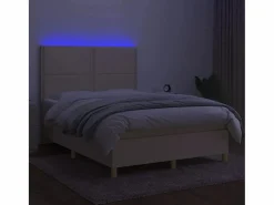 Outlet Cama box spring colchón y luces LED tela crema 140x190 cm Somier - 140X190Cm