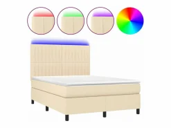 Clicnbuy Cama box spring colchón y luces LED tela crema 140x190 cm