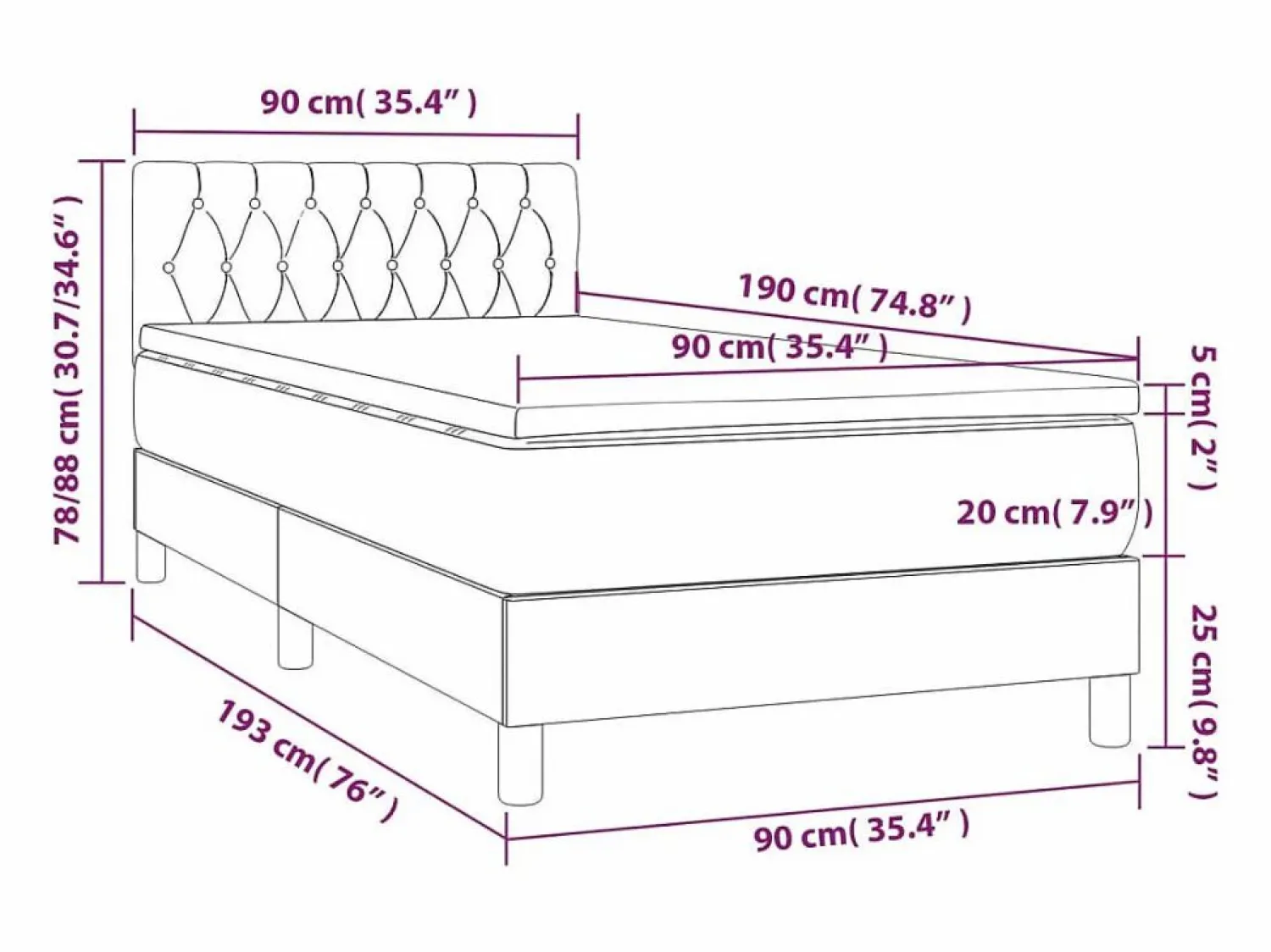 Clicnbuy Cama box spring con colchón LED tela gris taupe 90x190 cm