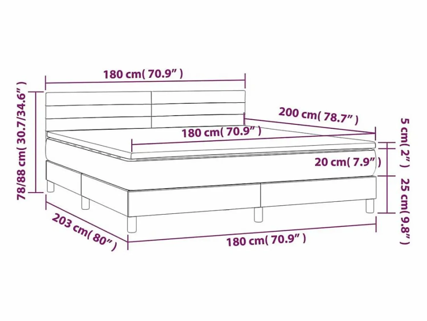 Clicnbuy Cama box spring con colchón LED tela gris taupe 180x200 cm