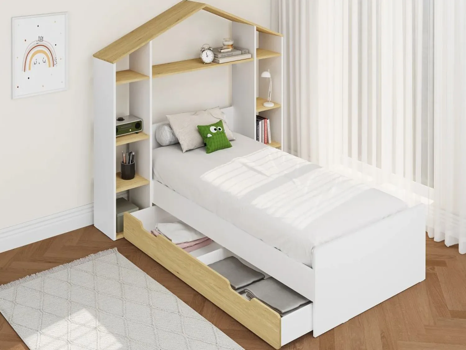 Discount Vente-unique Cama cabaña 90 x 190 cm color blanco y natural - JERACO Color natural claro / Blanco