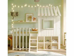 Clearance ModernLuxe Cama cabaña infantil 90x200 cm - con tejado + ventana - con escalera de 2 peldaños y estanterías - Blanco