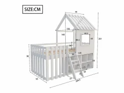 Clearance ModernLuxe Cama cabaña infantil 90x200 cm - con tejado + ventana - con escalera de 2 peldaños y estanterías - Blanco