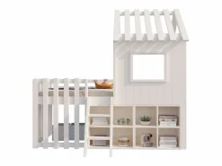 Clearance ModernLuxe Cama cabaña infantil 90x200 cm - con tejado + ventana - con escalera de 2 peldaños y estanterías - Blanco