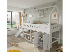 Clearance Cama cabaña 90x200 cm - Cajón y casillero - Con tobogán y escaleras de puerta magnética - Madera maciza - Cama Montessori