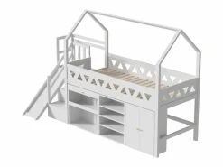 Clearance Cama cabaña 90x200 cm - Cajón y casillero - Con tobogán y escaleras de puerta magnética - Madera maciza - Cama Montessori