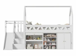 Clearance Cama cabaña 90x200 cm - Cajón y casillero - Con tobogán y escaleras de puerta magnética - Madera maciza - Cama Montessori