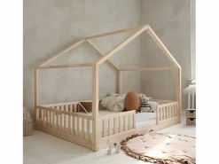Discount Cama cabaña 140x200 con barandilla y somier patas de 1 cm Roxane Madera Cama Montessori