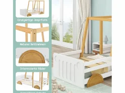 Online Merax Cama cabina - 90 x 200 cm - MDF y pino - somier de láminas - colores blanco y natural Color natural claro