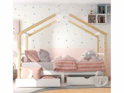 Merax Cama cabina 90 x 200 cm con 2 cajones - Madera maciza - Somier de láminas - + color madera (Sin colchón)