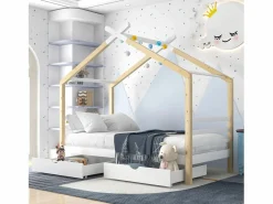 Merax Cama cabina 90 x 200 cm con 2 cajones - Madera maciza - Somier de láminas - + color madera (Sin colchón)