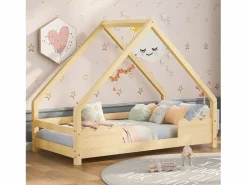 Merax Cama cabina 90 x 200 cm con protección, cuna - madera maciza - somier de láminas incluido - color natural