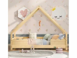Merax Cama cabina 90 x 200 cm con protección, cuna - madera maciza - somier de láminas incluido - color natural