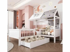 Merax Cama cabina 90 x 200 cm con techo de tela y cajón grande - madera maciza -