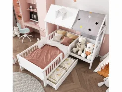 Merax Cama cabina 90 x 200 cm con techo de tela y cajón grande - madera maciza -