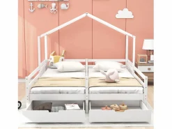 Outlet Cama cabina 2 x 90 x 200 cm con 2 cajones - Madera de pino y MDF - Barras y somier - Cama Montessori