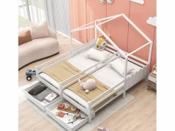 Outlet Cama cabina 2 x 90 x 200 cm con 2 cajones - Madera de pino y MDF - Barras y somier - Cama Montessori