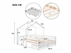 Outlet Cama cabina 2 x 90 x 200 cm con 2 cajones - Madera de pino y MDF - Barras y somier - Cama Montessori