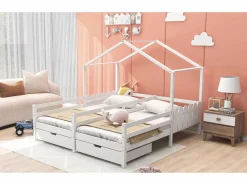 Outlet Cama cabina 2 x 90 x 200 cm con 2 cajones - Madera de pino y MDF - Barras y somier - Cama Montessori