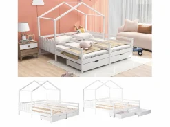 Outlet Cama cabina 2 x 90 x 200 cm con 2 cajones - Madera de pino y MDF - Barras y somier - Cama Montessori