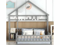 Hot Cama cabina para niños 140x200 cm con mesita de noche y barandillas de seguridad - somier - Cama Montessori