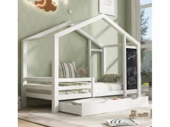 Clearance Cama cabina 90x200 cm - madera maciza - con pizarra y 2 cajones - Cama Montessori